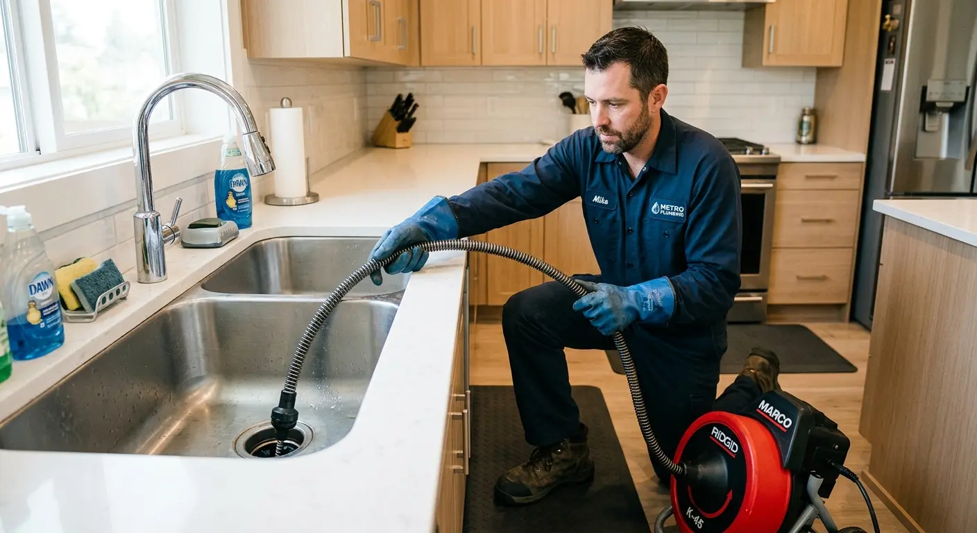 Drain cleaning technician using a motorized snake on a kitchen sink in Commerce