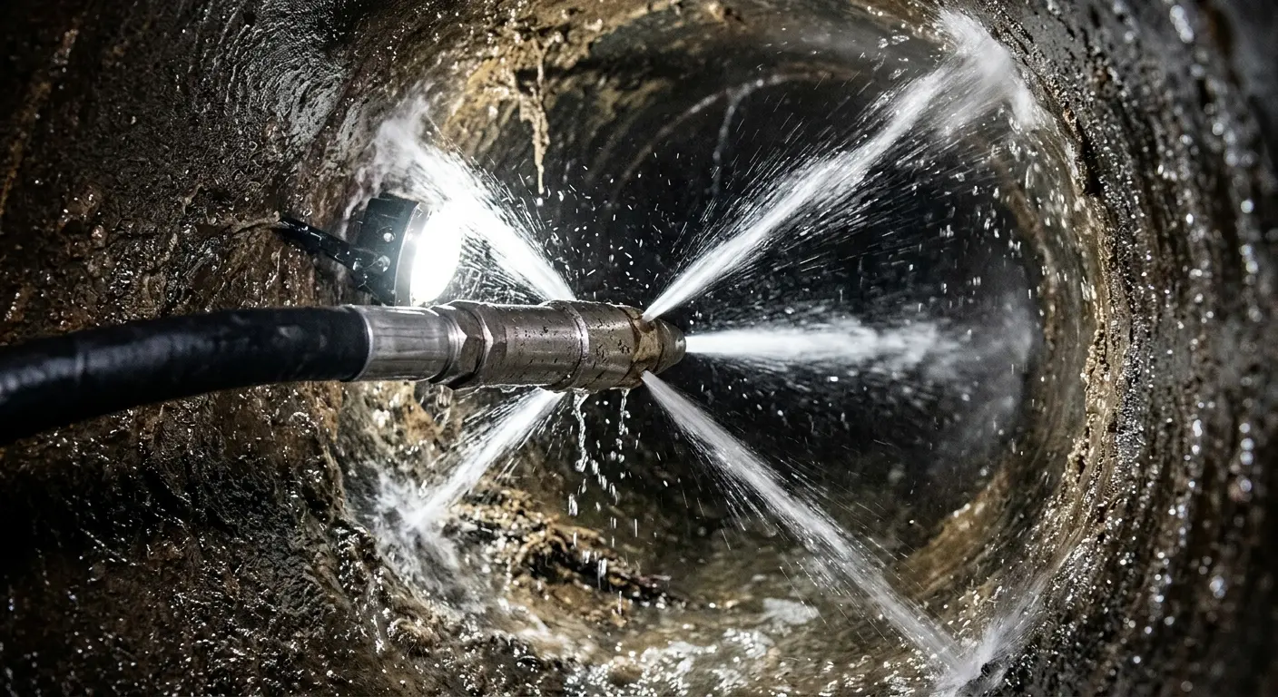 High-pressure hydro jetting nozzle cleaning sewer pipe for Emergency Drain Service in Commerce